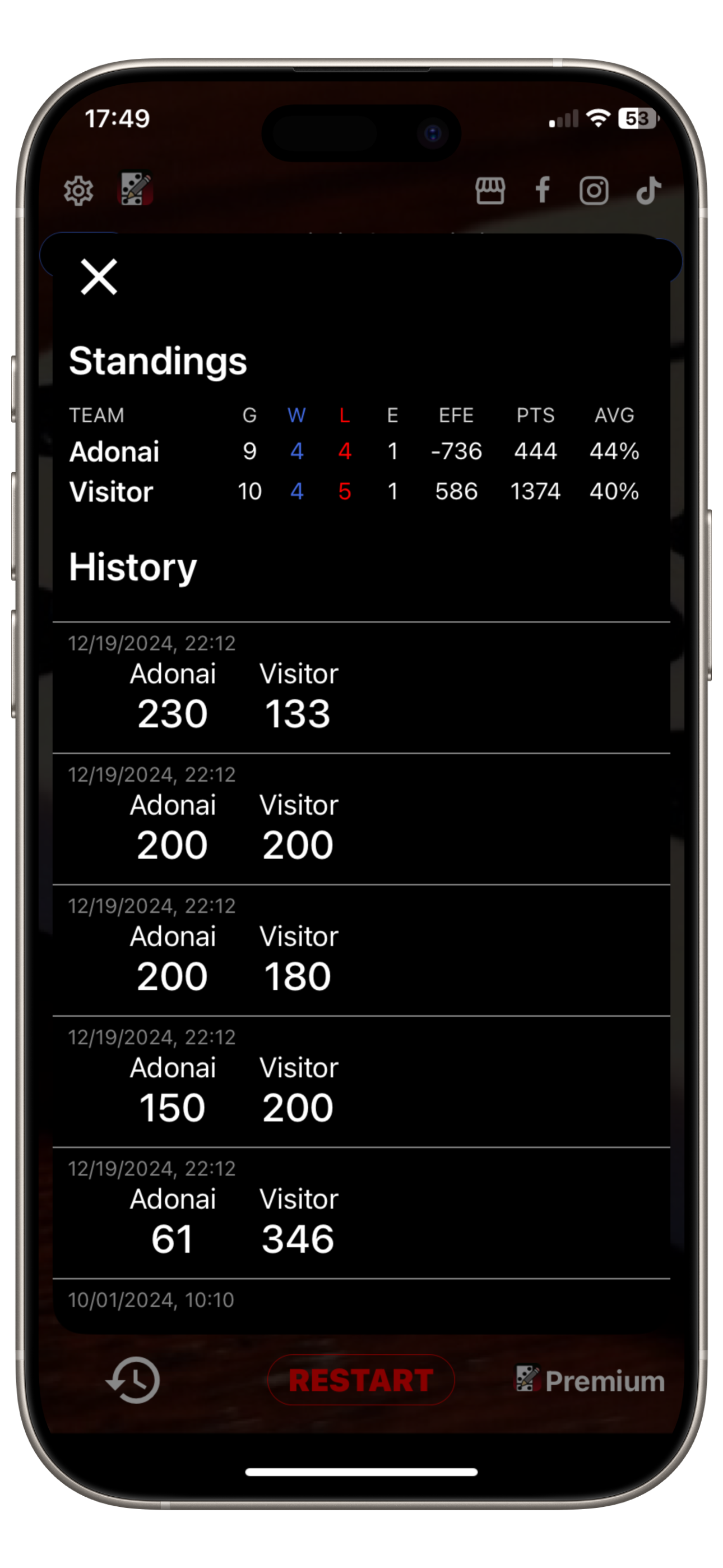 Domino Apunte app showing game history and standing